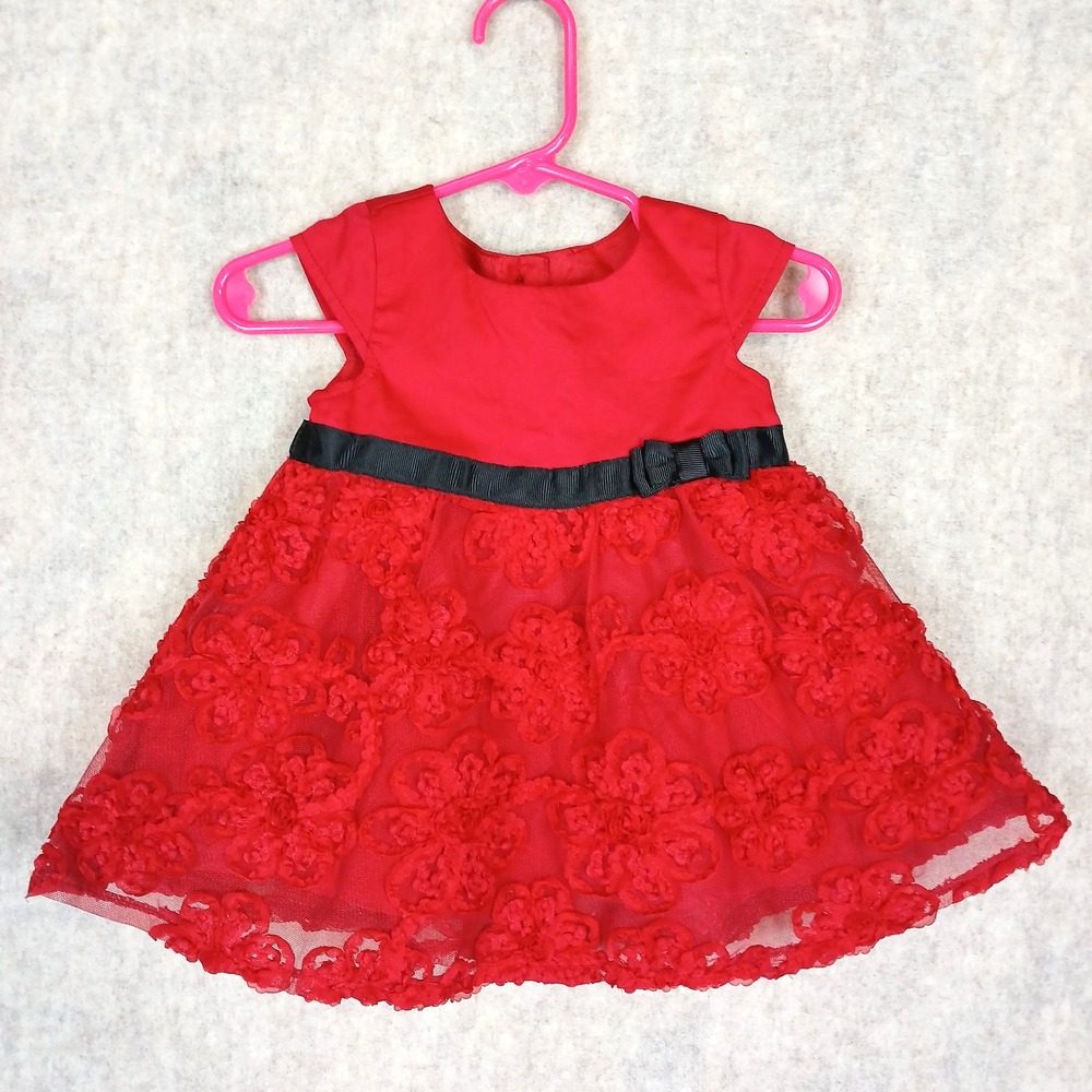 The Children's Place Baby Holiday Dress Red Floral Rosettes 3-6 months